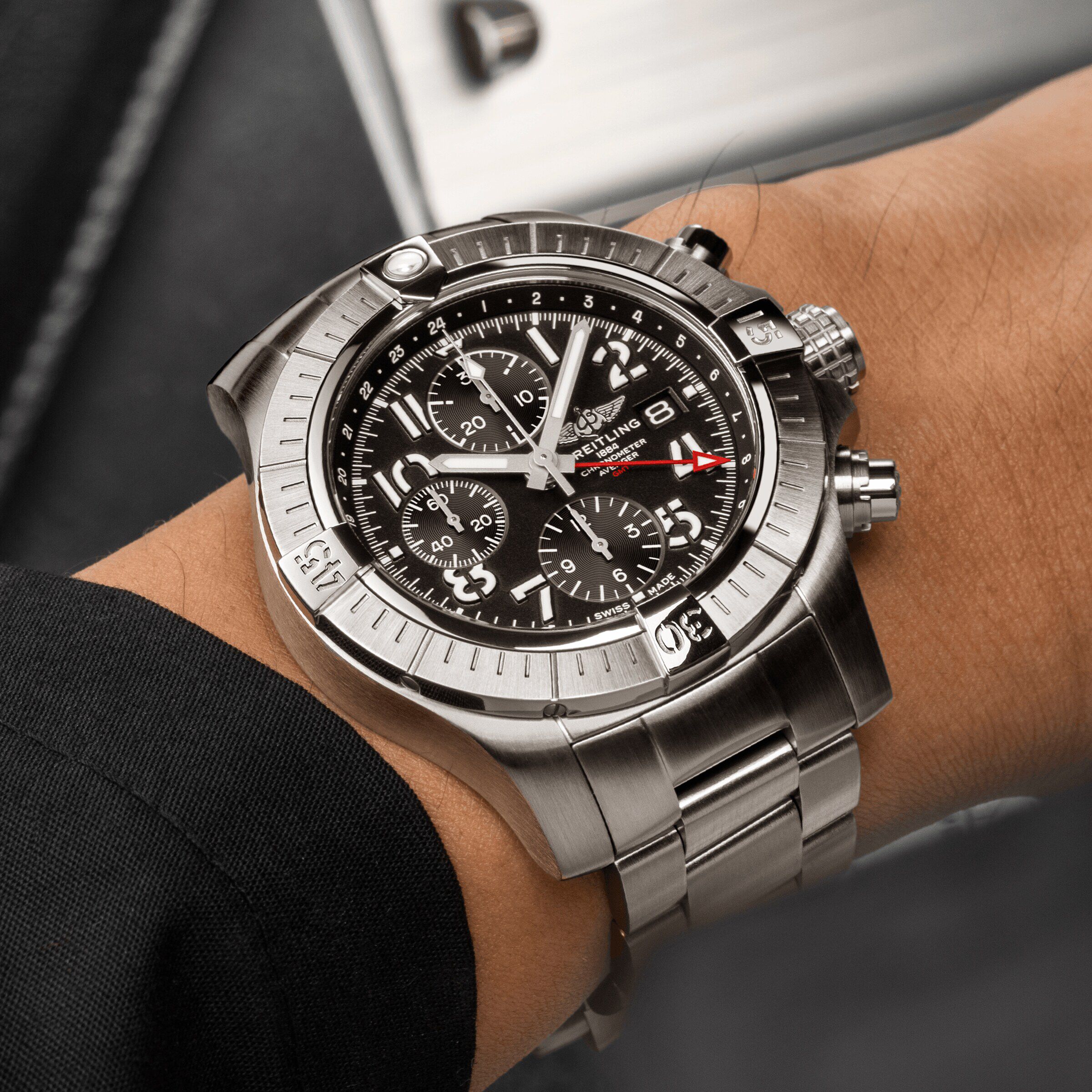 Breitling Avenger Chronograph GMT 45 Stainless Steel Watch Fine Watches Heathrow Reserve Collect