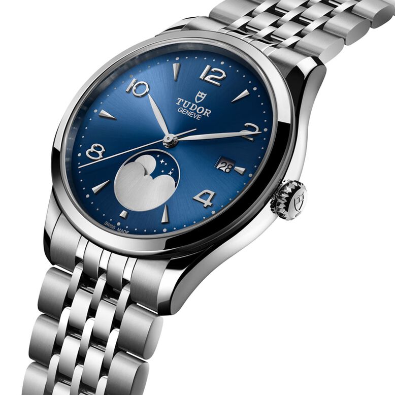 1926 Luna 39mm Mens Watch Steel Case Moon Phase Indicator Blue Dial, , hi-res