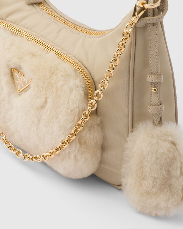 Re-Nylon and shearling mini-bag, , hi-res
