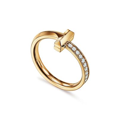 Tiffany T T1 Ring in Yellow Gold with Diamonds, 2.5 mm Wide - Size 7, , hi-res