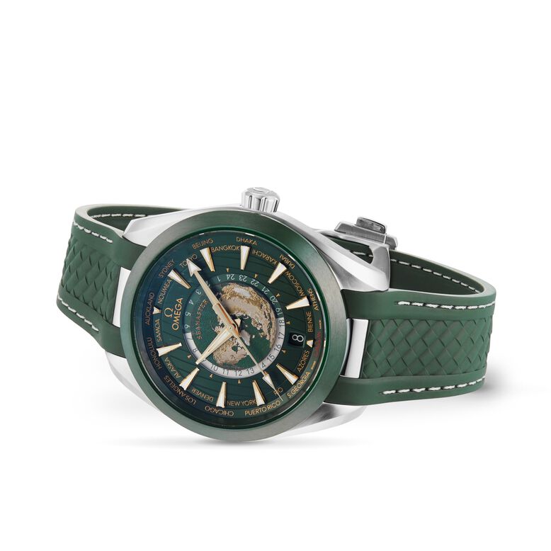 Seamaster Aqua Terra 150m Co Axial Master Chronometer GMT Worldtimer 43mm Mens Watch Green Rubber, , hi-res