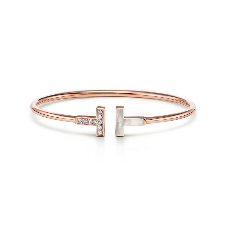 Tiffany T Wire Bracelet in Rose Gold with Diamonds and Mother-of-pearl - Size Medium, , hi-res