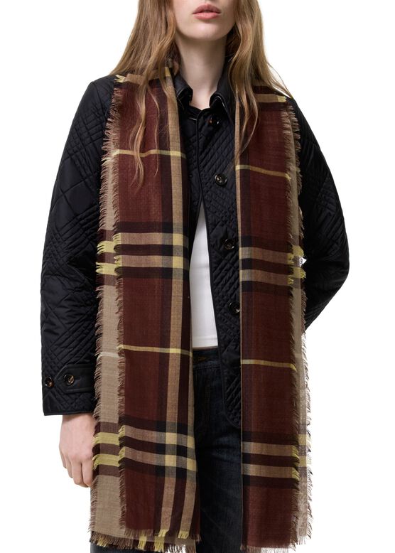Wide Reversible Check Wool Silk Scarf, , hi-res