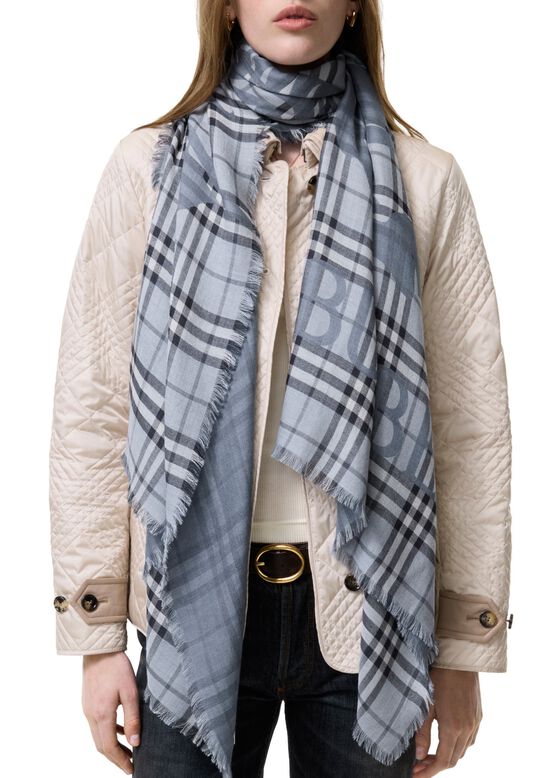 Wide Knight Check Wool Silk Scarf, , hi-res