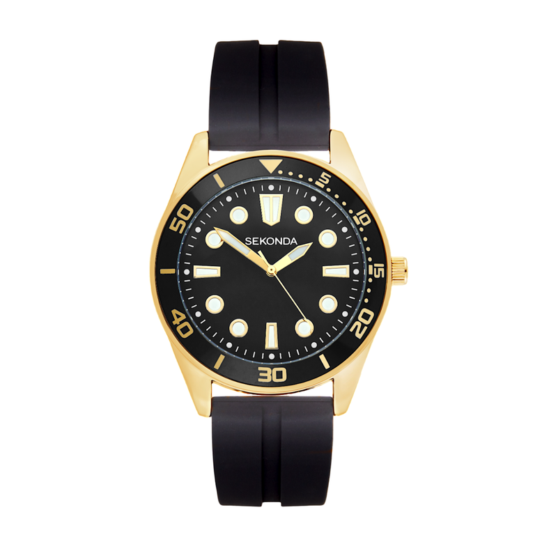 Men's Dive Watch Black Strap Gold Case - Black, , hi-res