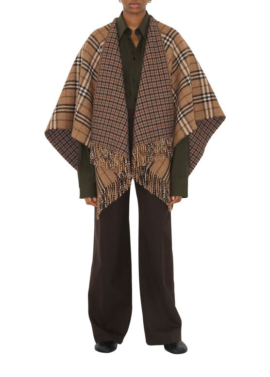 Reversible Check Cashmere Wool Cape, , hi-res