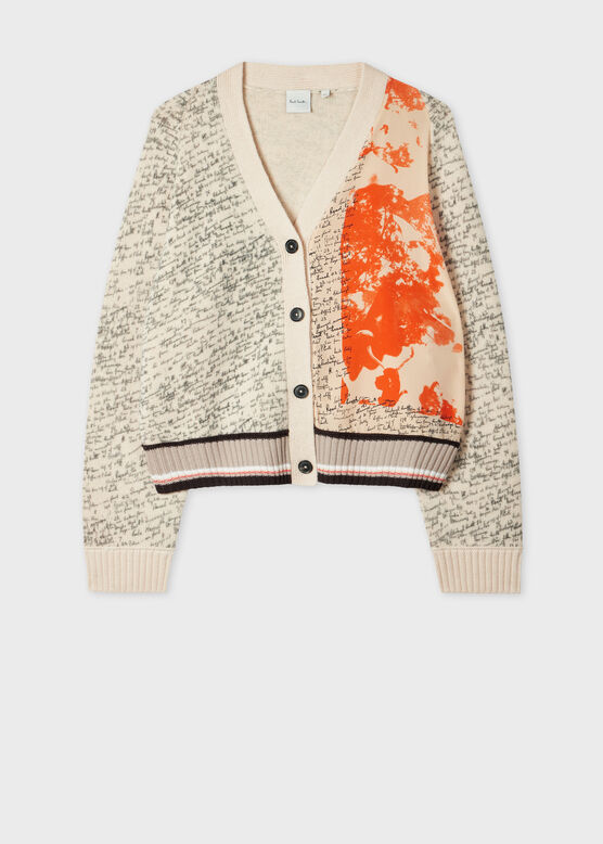 CREAM ORANGE TRAVEL SCARF PRINT CONTRAST CARDIGAN, , hi-res