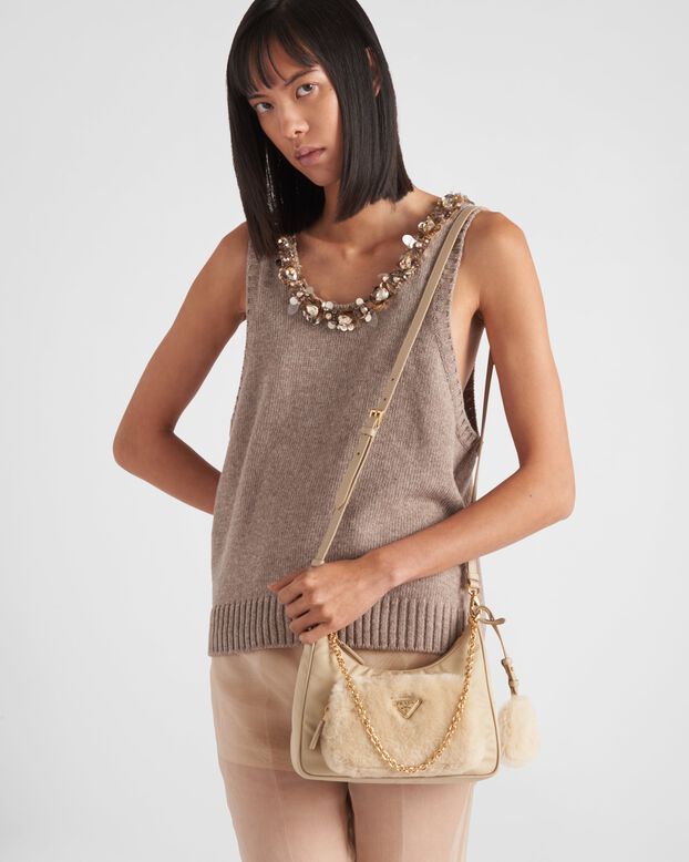 Re-Nylon and shearling mini-bag, , hi-res