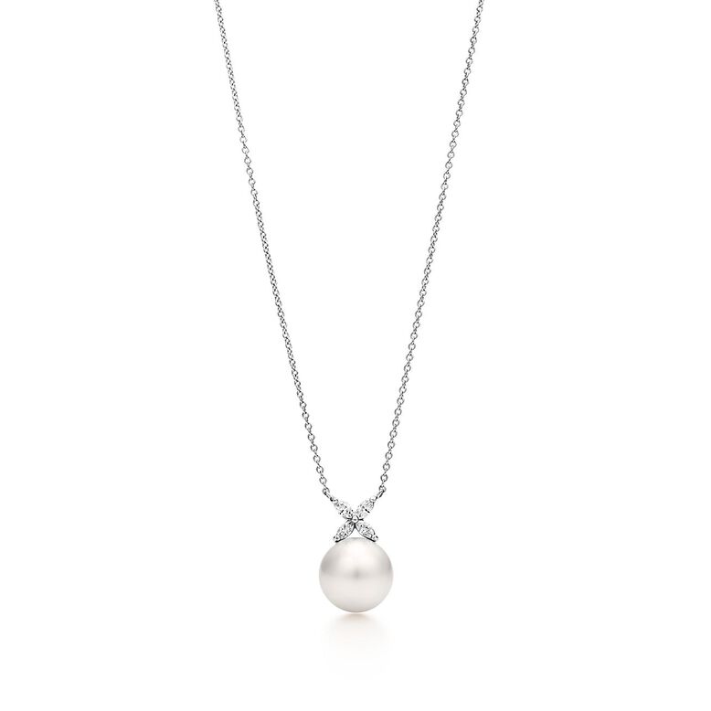 Tiffany Victoria&reg; pendant in platinum with a South Sea pearl and diamonds., , hi-res
