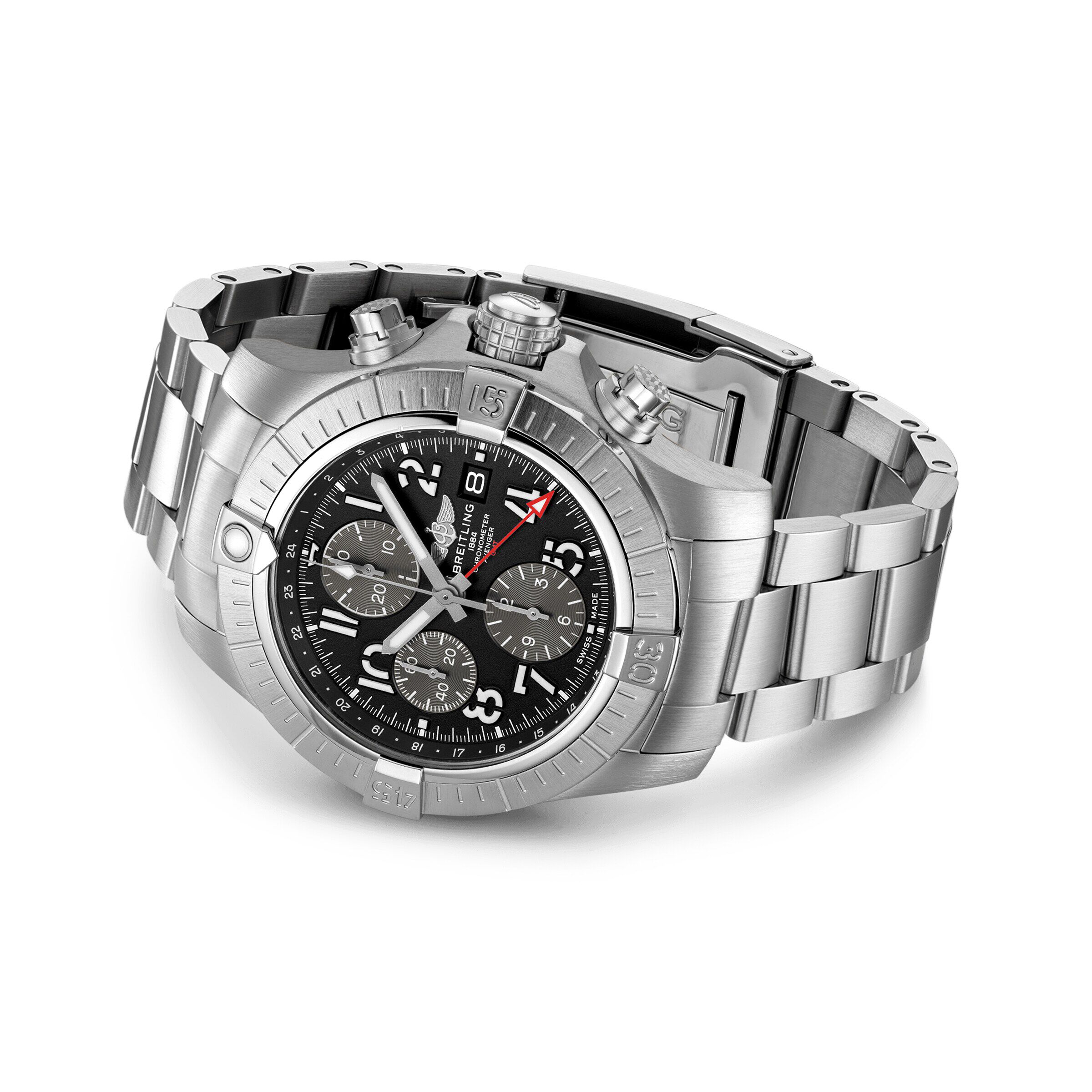 Breitling Avenger Chronograph GMT 45 Stainless Steel Watch Fine Watches Heathrow Reserve Collect
