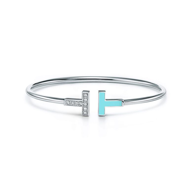 Tiffany T Diamond and Turquoise Wire Bracelet in White Gold - Size Medium, , hi-res
