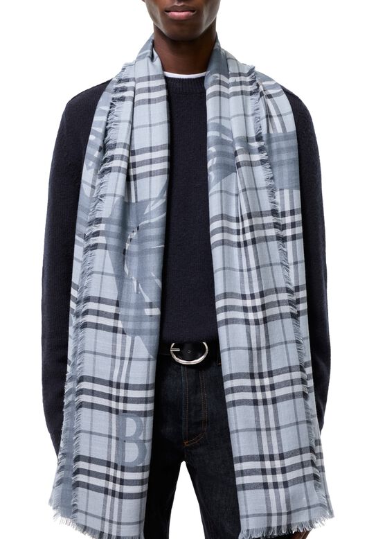 Wide Knight Check Wool Silk Scarf, , hi-res