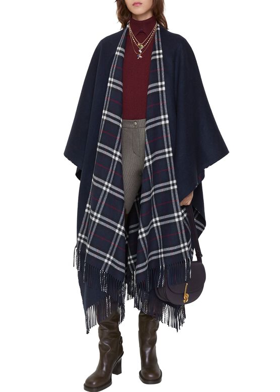Reversible Check Wool Cashmere Cape, , hi-res