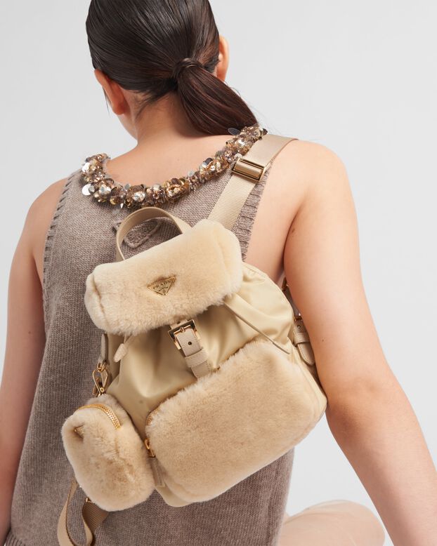 Re-Nylon and shearling backpack, , hi-res