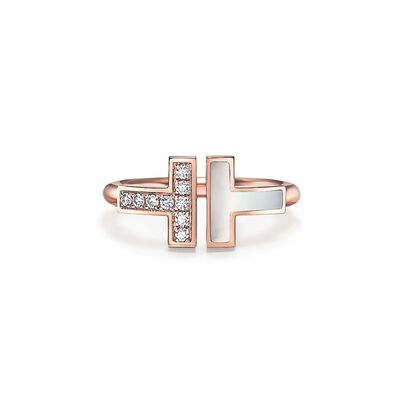 Tiffany T Wire Ring in Rose Gold with Diamonds and Mother-of-pearl - Size 6 1/2, , hi-res