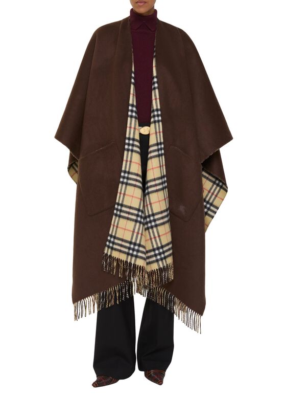 Reversible Check Wool Cashmere Cape, , hi-res