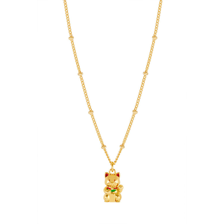 Gold Lucky Cat Necklace , , hi-res