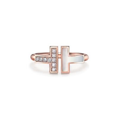 Tiffany T Wire Ring in Rose Gold with Diamonds and Mother-of-pearl - Size 6 1/2,