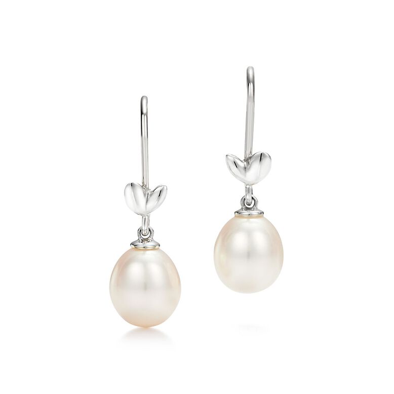 Paloma Picasso&reg; Olive Leaf drop earrings in sterling silver with pearls., , hi-res