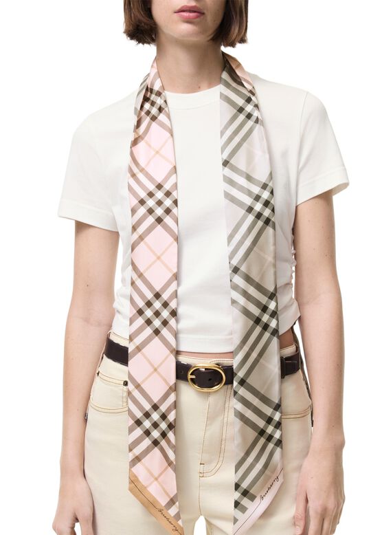 Skinny Contrast Check Silk Scarf, , hi-res