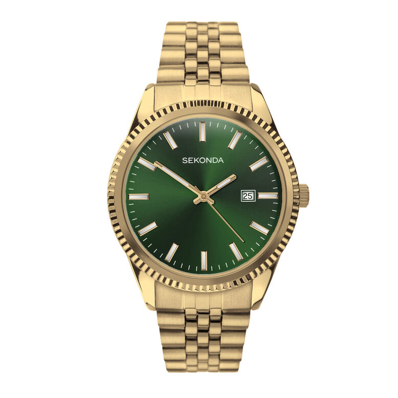 Gold Case Stainless Steel Green Dial Watch, , hi-res