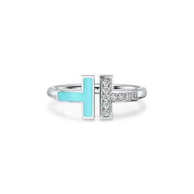 Tiffany T diamond and turquoise wire ring in 18k white gold - Size 5 1/2