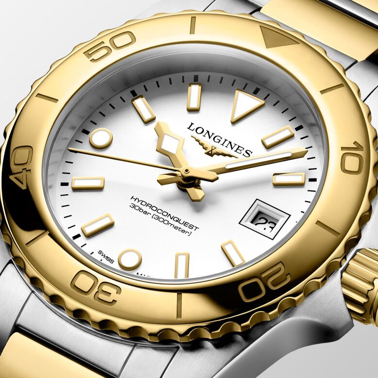 Hydroconquest Quartz 30mm Ladies Watch White Dial Stainless Steel and Yellow PVD Coating Bracelet, , hi-res