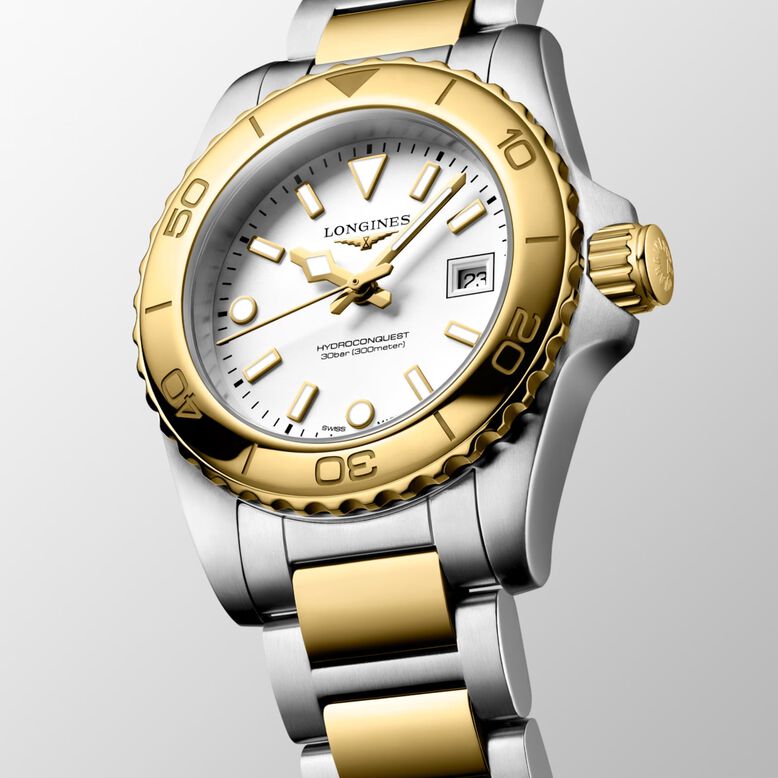 Hydroconquest Quartz 30mm Ladies Watch White Dial Stainless Steel and Yellow PVD Coating Bracelet, , hi-res