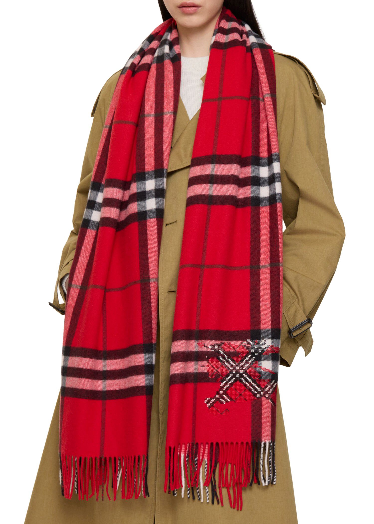 Burberry Wide Cross Stitch EKD Check Cashmere Scarf Hats & Scarves