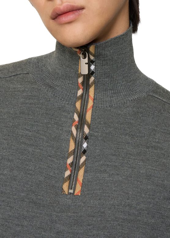 Check Trim Wool Half-zip Sweater, , hi-res