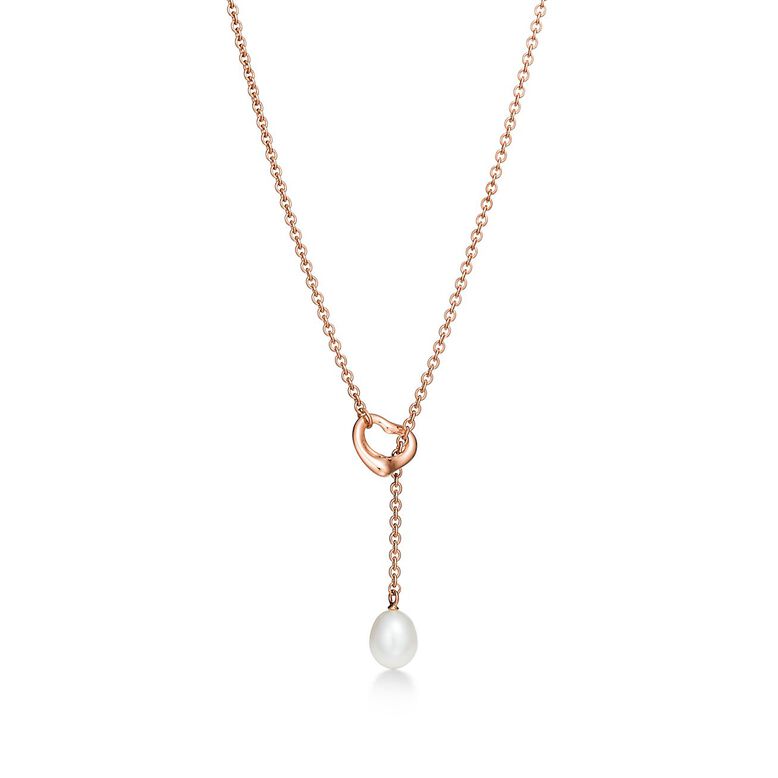 Elsa Peretti&reg; Open Heart lariat in 18k rose gold with a freshwater pearl., , hi-res