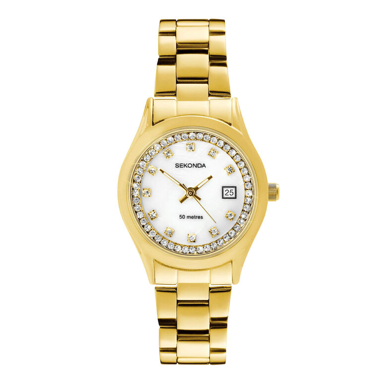 Gold Case White Mother of Pearl Dial Watch, , hi-res