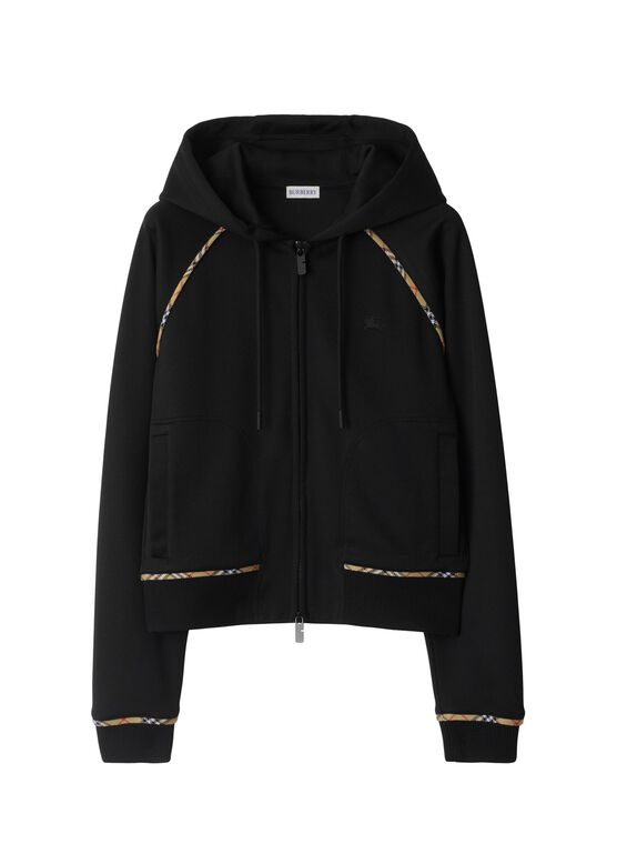 Check Trim Cotton Blend Zip Hoodie, , hi-res