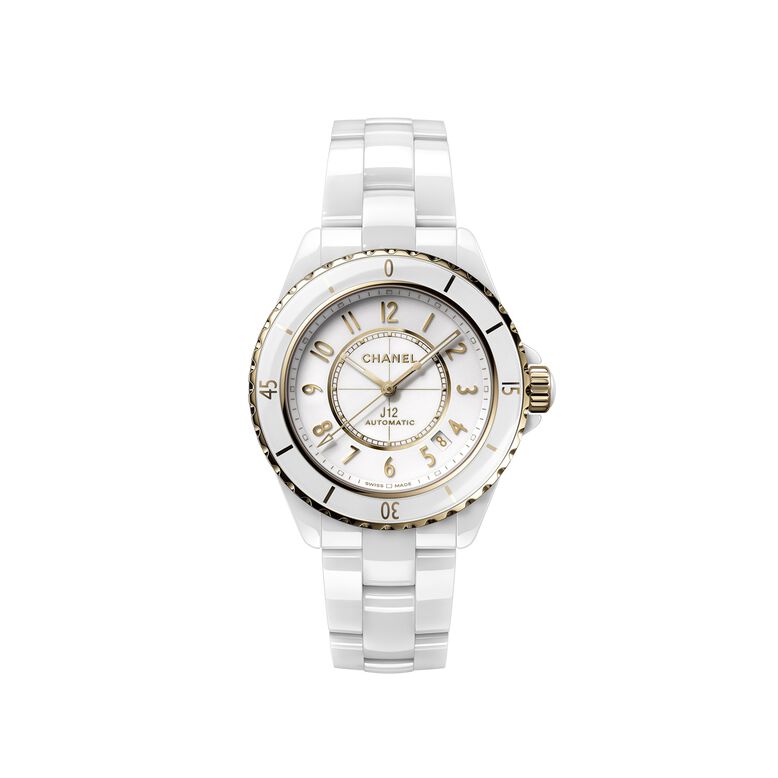 J12 White Ceramic and Gold 38mm White Dial Automatic Watch, , hi-res