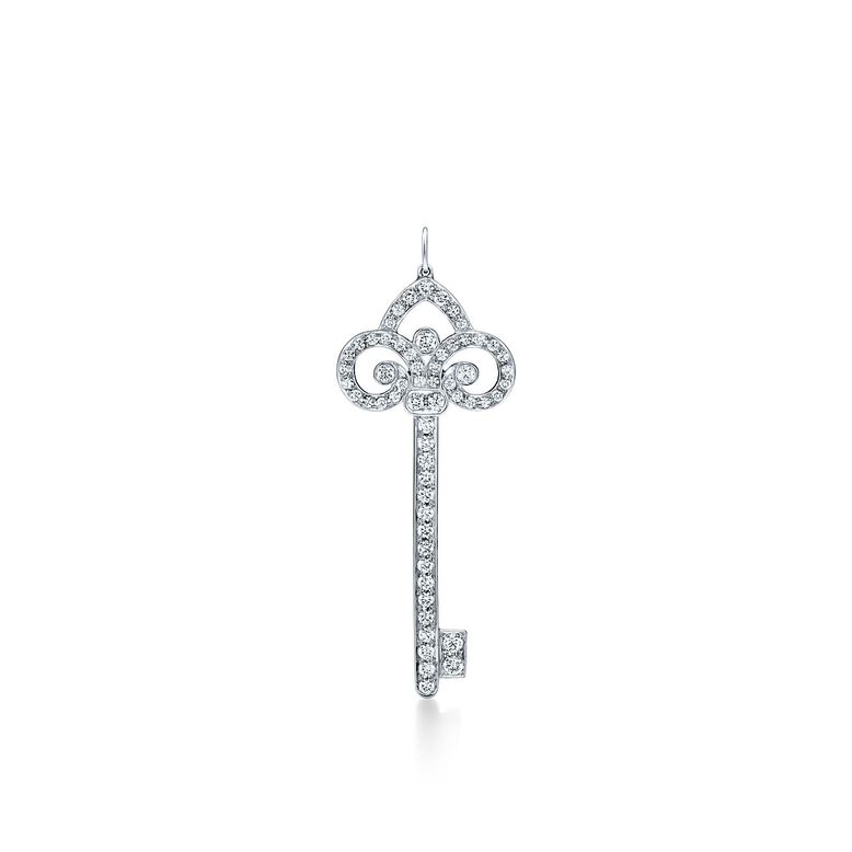 Tiffany Keys fleur de lis key pendant in platinum with diamonds. - Size  2 in, , hi-res