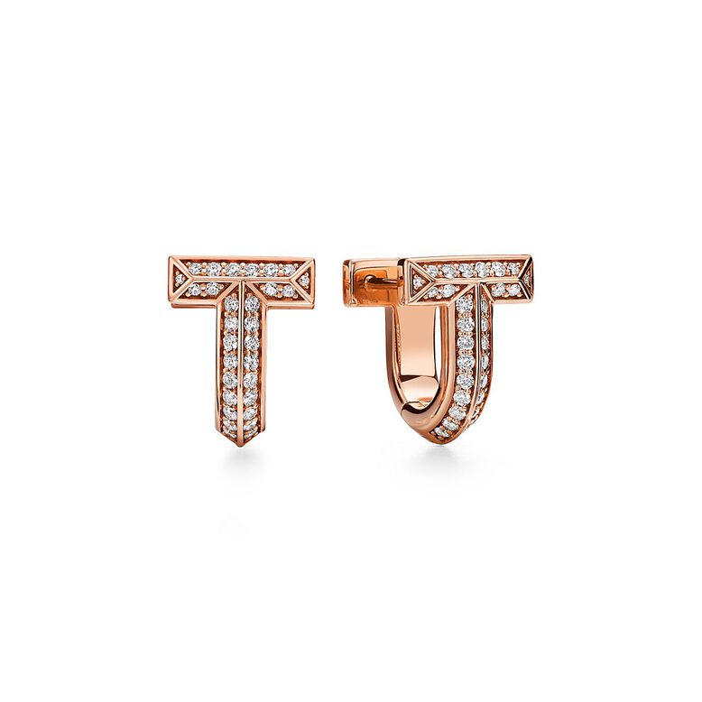 Tiffany T T1 Half Pavé Diamond Huggie Earrings in Rose Gold, , hi-res