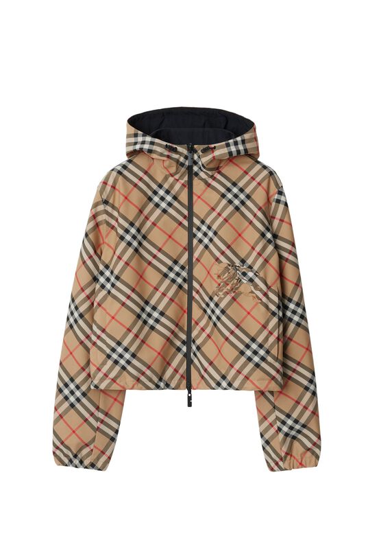 Cropped Reversible Check Hooded Jacket, , hi-res