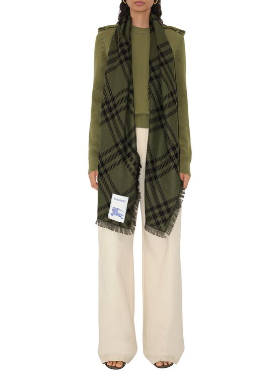 Wide Check Wool Silk Scarf, , hi-res