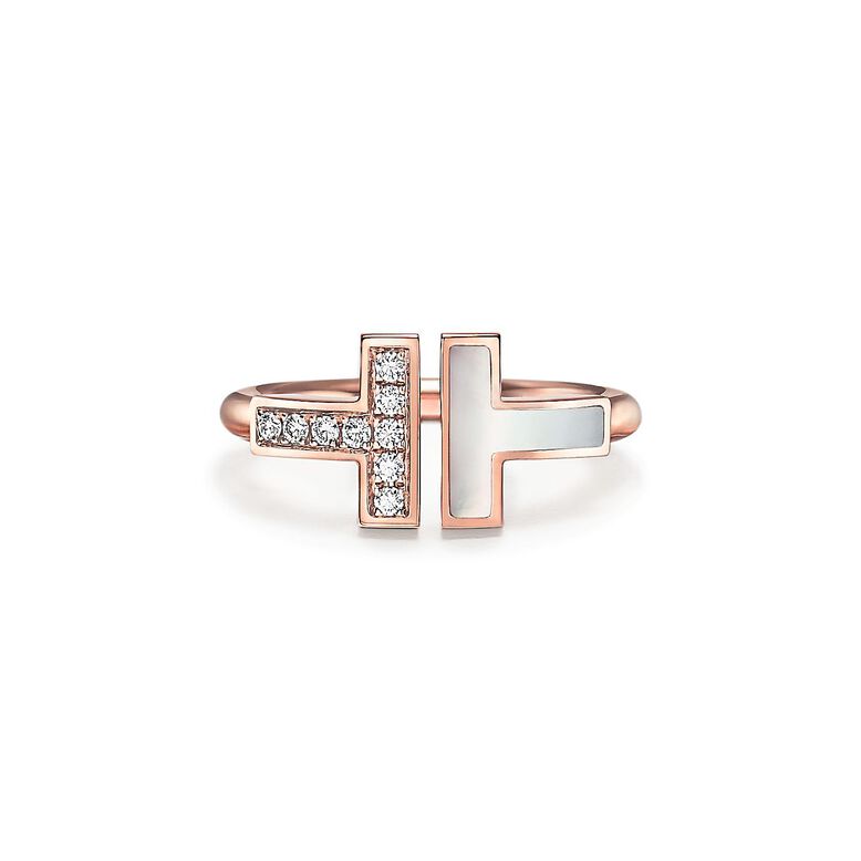 Tiffany T Wire Ring in Rose Gold with Diamonds and Mother-of-pearl - Size 5, , hi-res