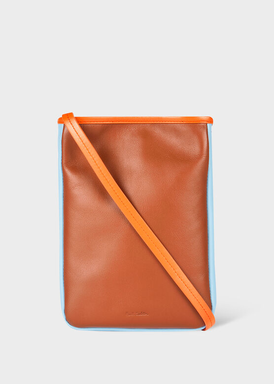 TAN COLOUR BLOCK LEATHER POUCH BAG , , hi-res