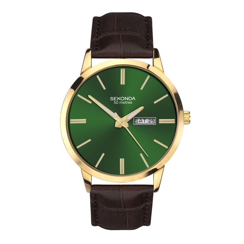 Gold Case Brown Strap Green Dial Watch, , hi-res