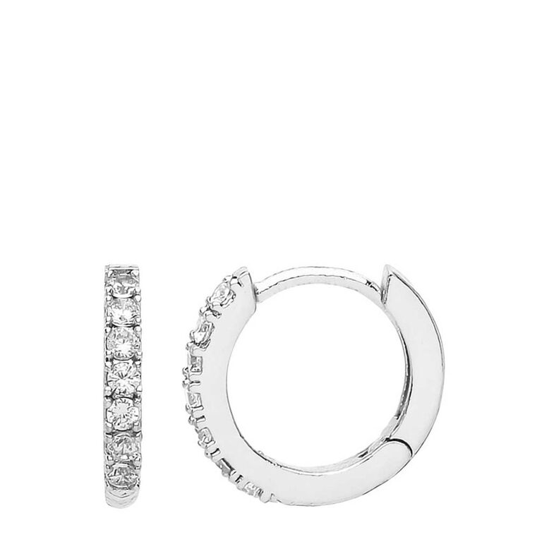 Pave Silver Plate White Cubic Zirconia Hoop Earrings - Silver, , hi-res