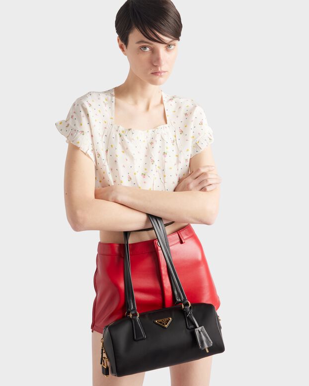 Re-Nylon and leather medium top-handle bag with padlock, , hi-res