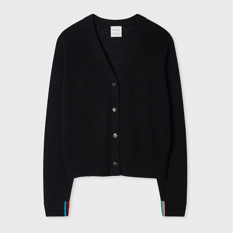 Women's Black Cashmere 'Signature Stripe' Cardigan, , hi-res