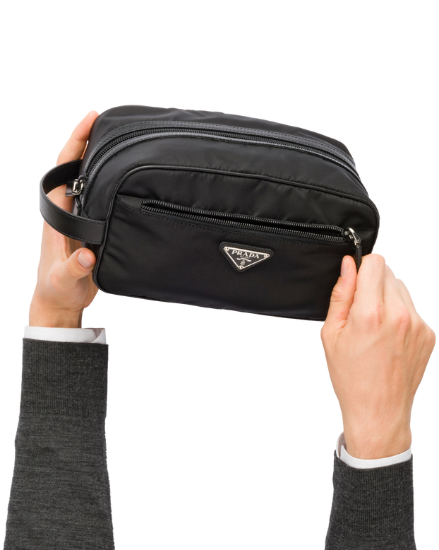 Re-Nylon and Saffiano leather travel pouch, , hi-res