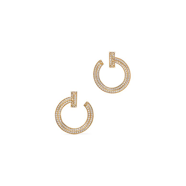 Tiffany T T1 Open Hoop Earrings in Gold with Diamonds, , hi-res