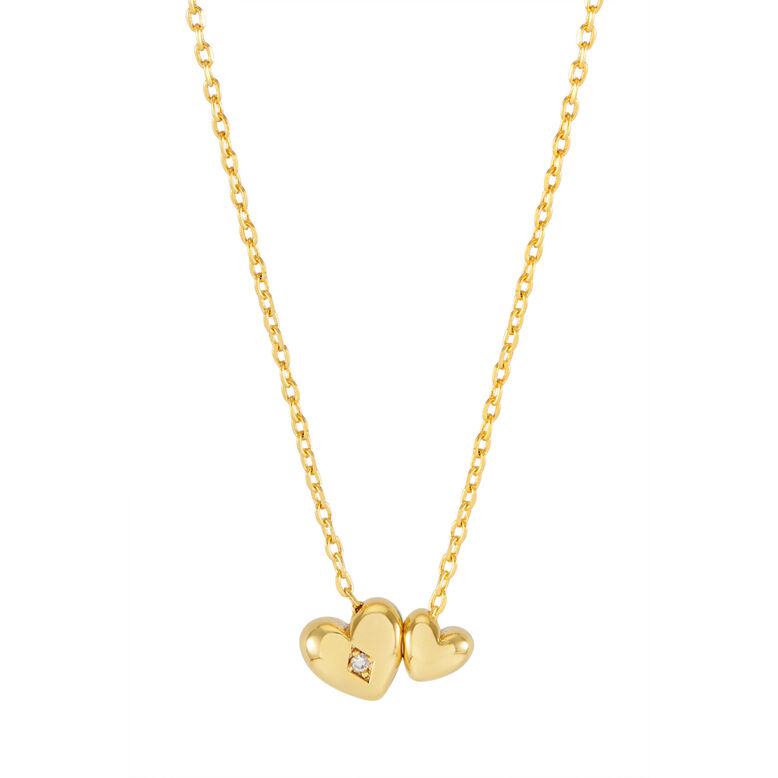 Gold Double Heart and CZ Necklace, , hi-res
