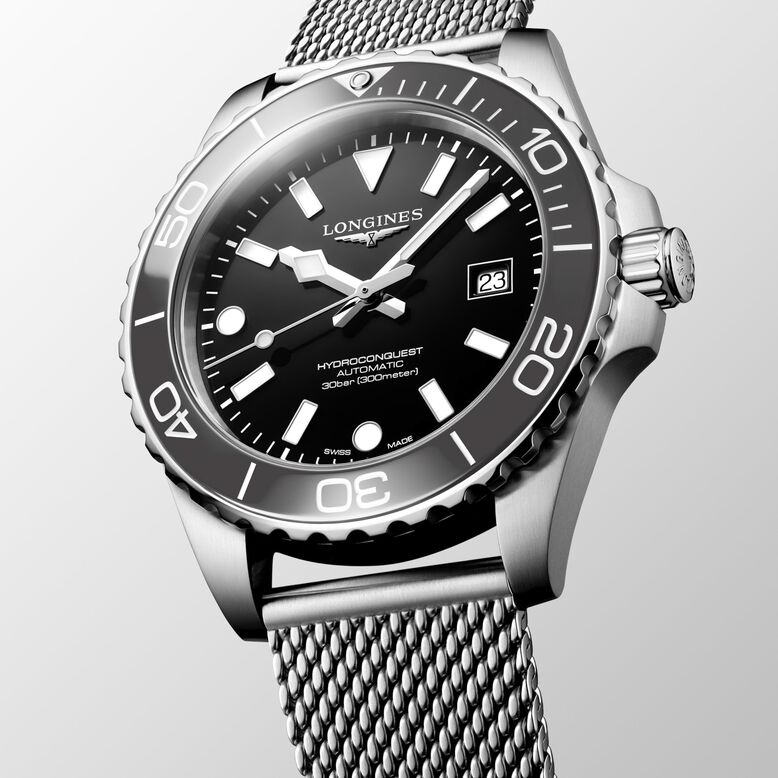 HydroConquest 42mm Mens Watch Black Mesh, , hi-res