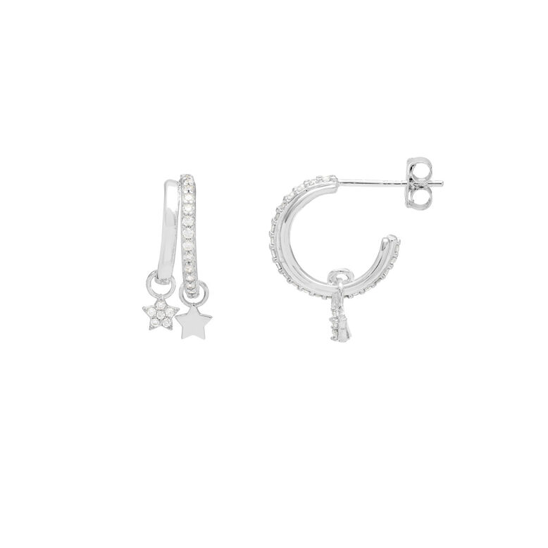 Duo Pave Star Hoops Silver Plated, , hi-res