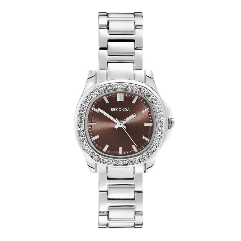Silver Case Stainless Steel Bracelet Brown Dial Watch, , hi-res